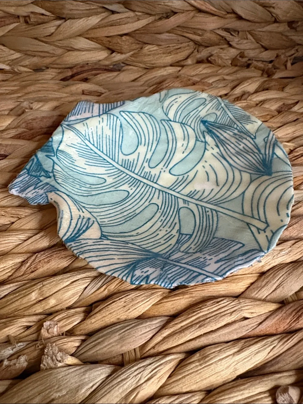 Hand Crafted Blue and Cream Tropical Leaf Trinket Dish
